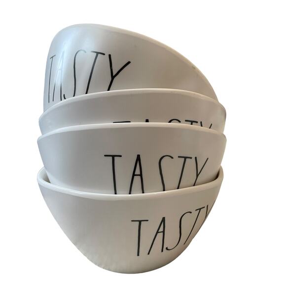 RAE DUNN Set of 4 Melamine TASTY 6in Salad Bowls Black White Indoor Outdoor NEW - Picture 1 of 10